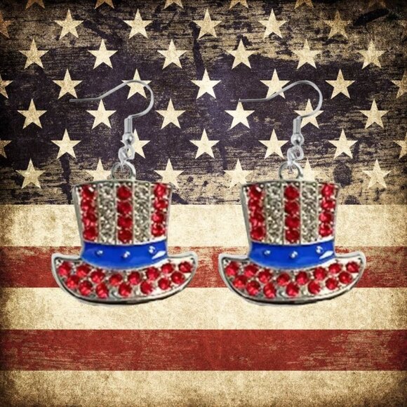 New Uncle Sam Hat Earrings Red Blue Clear Rhinestones Dangle Patriotic J… - Picture 10 of 12